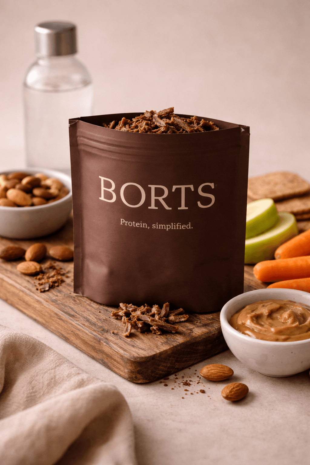 BORTS pack on a wooden snack board with nuts, fruit, and crackers