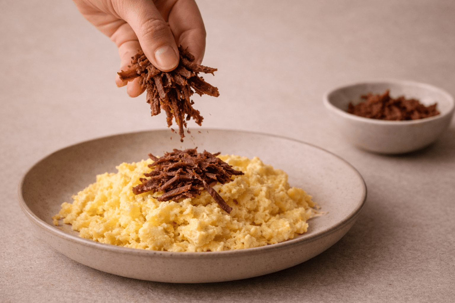 Sprinkling BORTS beef shavings over scrambled eggs