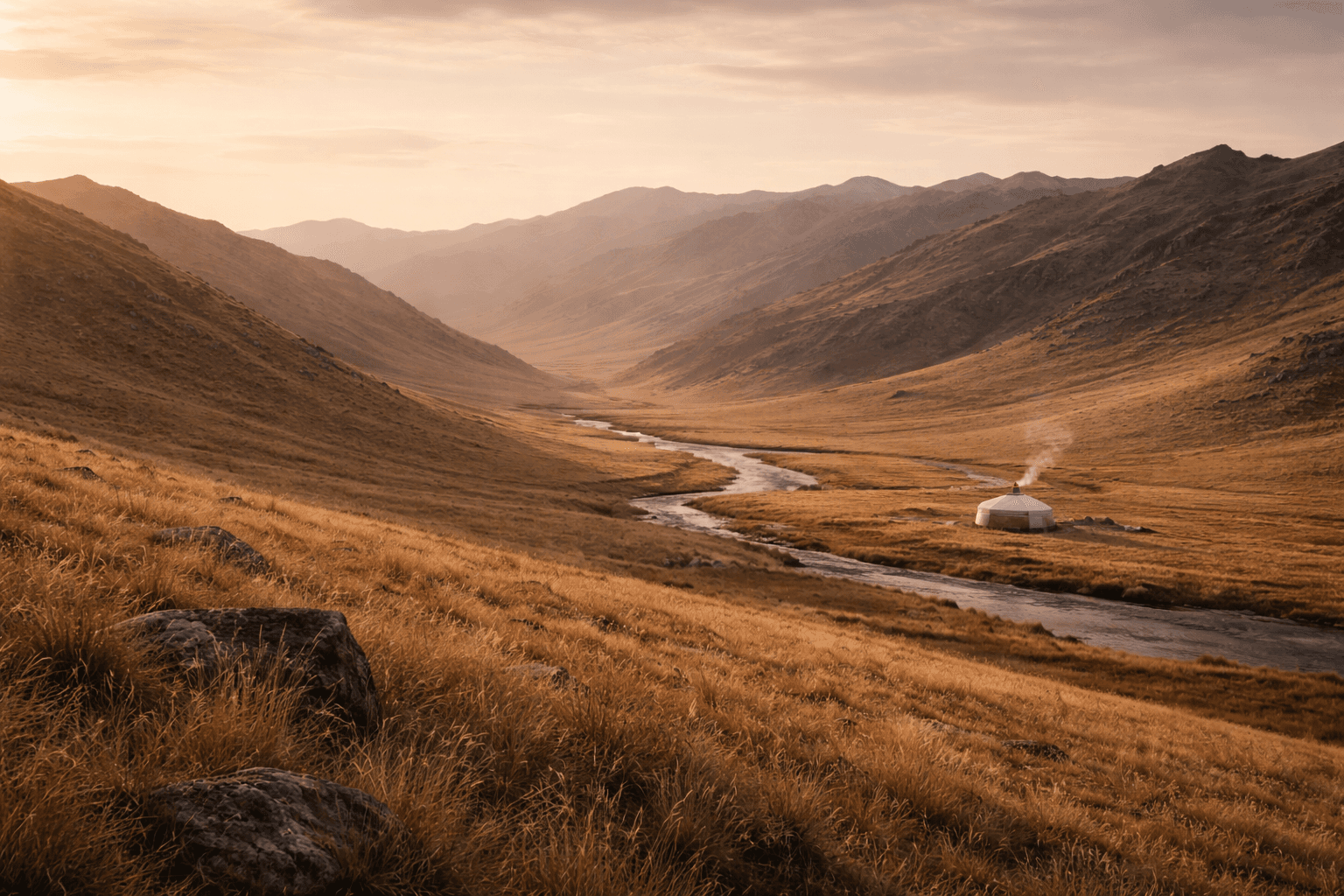 Mongolian valley with a ger at sunset